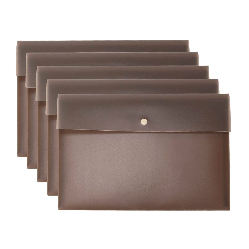 VANRA 5 Pieces A4 Envelopes Folders for Paperwork Plastic Wallets Document Organizer with Snap Button Closure A4 Letter Size (Brown) - Image 1